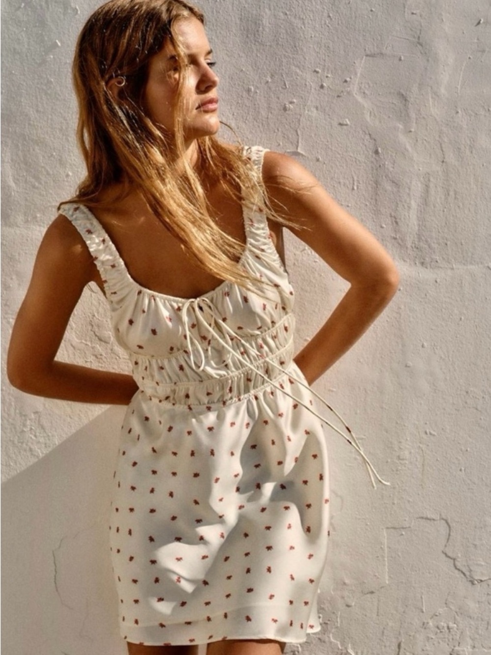 Zara Cream Satin smocked bodice Mini Dress with Tiny Red Floral Print small EUC